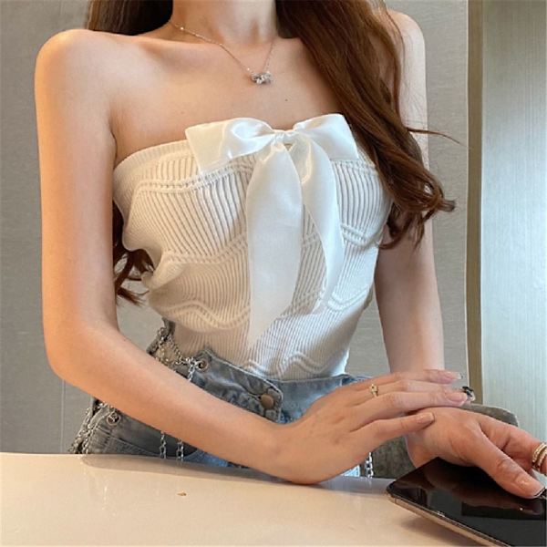 Sløyfe Stroppeløs Camisole Ermeløse topper HVIT White