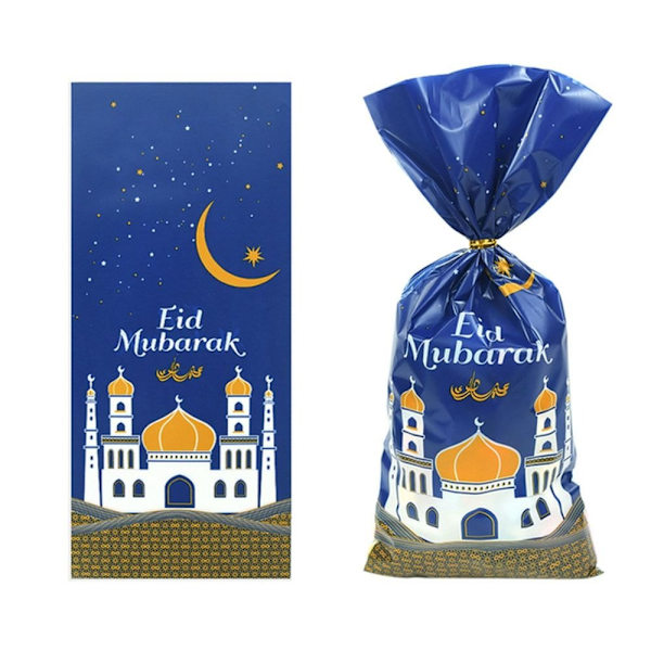 50 st Eid Mubarak Presentpåsar Plastpåse BLÅ