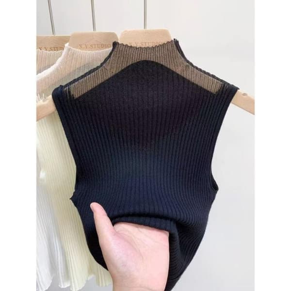 Mesh Stickad Topp Halvhög Halsväst KHAKI Khaki