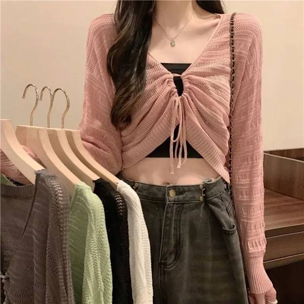 Solskydd Crop Knit Cardigan Tunn Cardigan Coat SVART Black