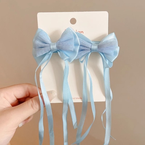 2st Bow Ribbon Hårklämma Tofs Streamer Hårnålar BLÅT MESH blue mesh-mesh