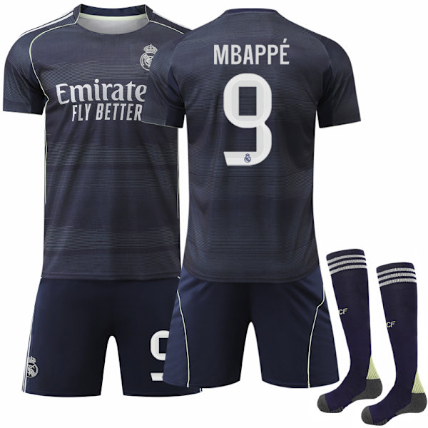 25-26 Real Madrid Bortedrakt Fotballsett med Sokker Nr. 9 Mbappé Adult XS