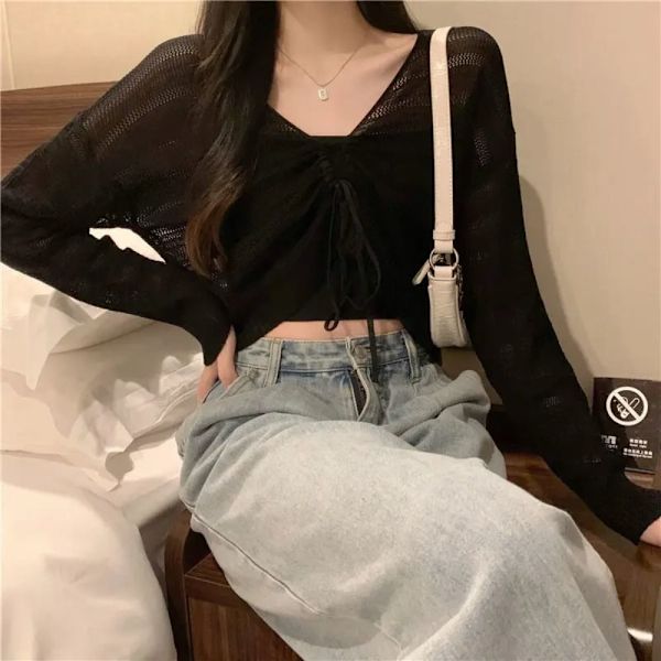 Solskydd Crop Knit Cardigan Tunn Cardigan Coat SVART Black