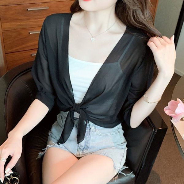 Halværmet chiffon sjal tynd kort cardigan SORT M black M