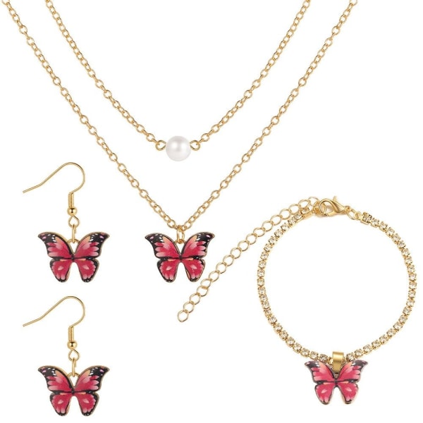 Butterfly Hänge Halsband Set Crystal Smycken Set RÖD red