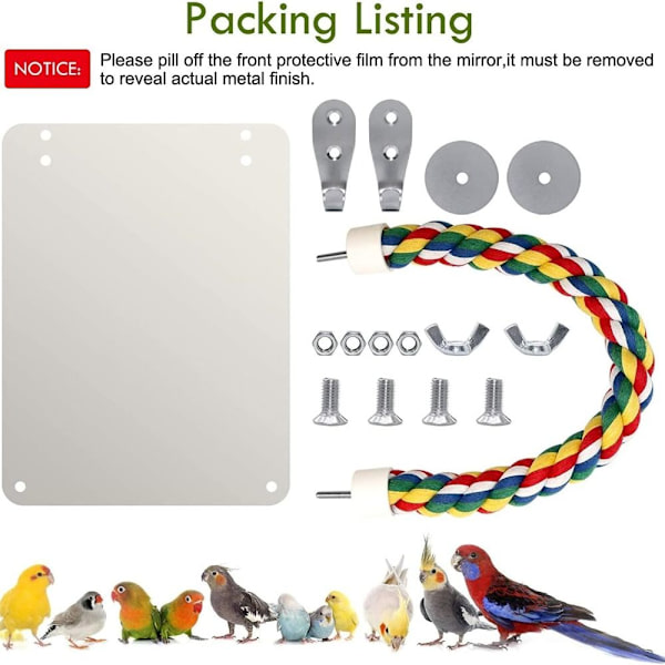 7 tums fågelspegel med rep Abborre Swing Parrot Cage Leksaker