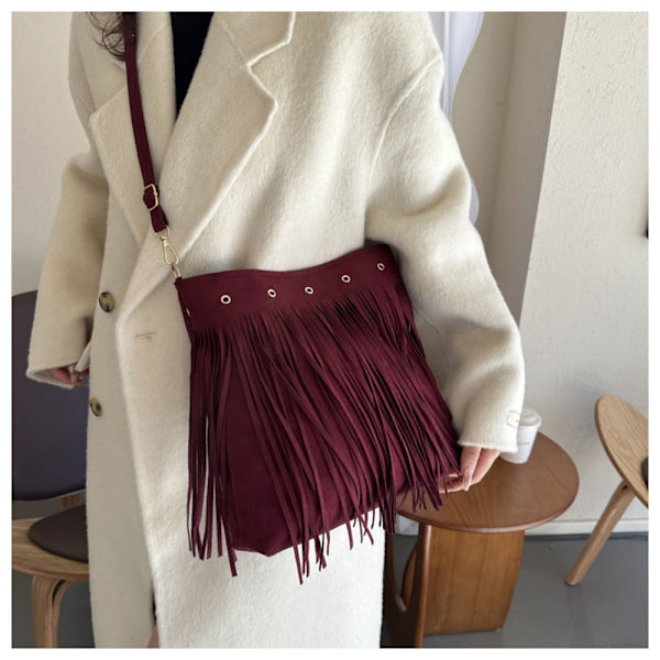 Axelväska med fransar i läder Etnisk stil Messenger Bag KAFFE Coffee