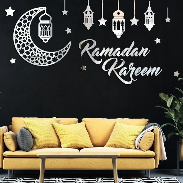 Veggdekorasjon Speil Klistremerker Eid Mubarak Ramadan Dekor Sølv