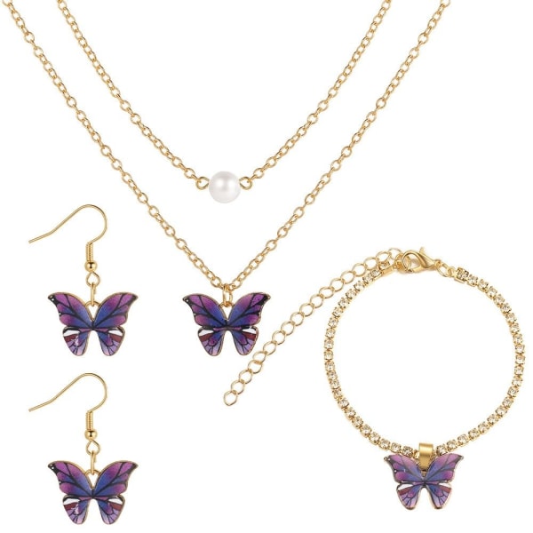 Butterfly anheng halskjede sett Crystal smykker sett LILLA purple