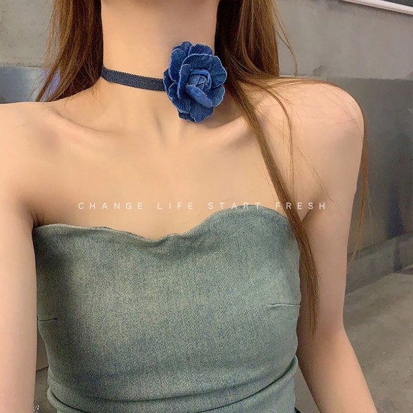 Rose Flower Choker Rose Choker Halskæde SORT LARGE BLACK LARGE