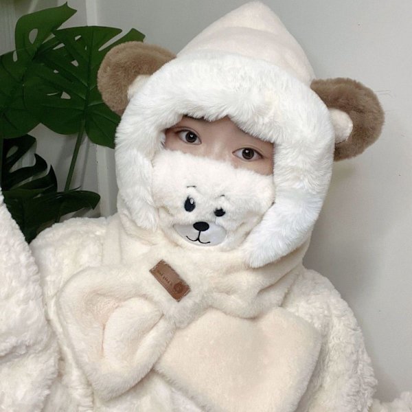 Hat Mask Plysch Hat Scarf VIT white