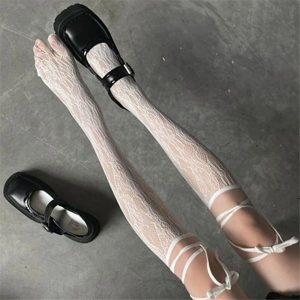 1 par Spets Split Toe Strumpor Strappy Nätstrumpor VIT White