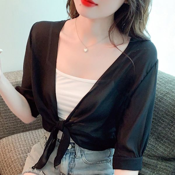 Halværmet chiffon sjal tynd kort cardigan SORT M black M
