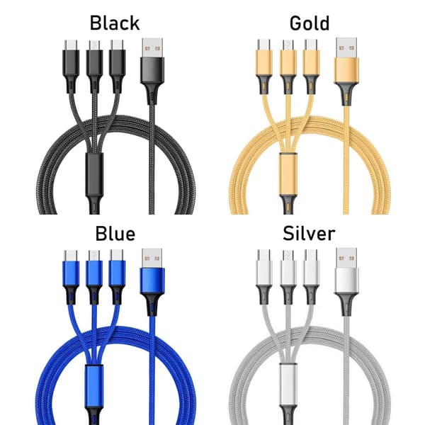 3-i-1 Hurtig USB Opladerkabel til Telefon SØLV Silver