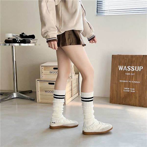1 Par Lange Strikkestrømpe Crew Sokker BEIGE Beige