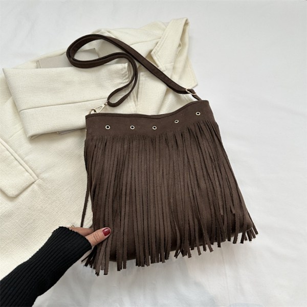 Axelväska med fransar i läder Etnisk stil Messenger Bag KAFFE Coffee