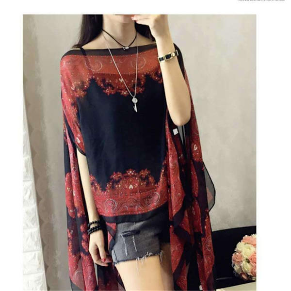 Beach Shawl Chiffon Bluse SORT&RØD Black&Red