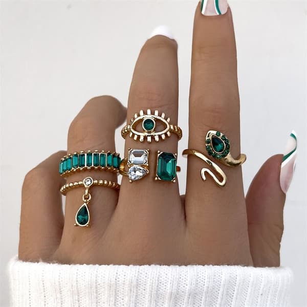 5 stk Ringsett Imitasjon Edelsten Ring Knoke Ring green