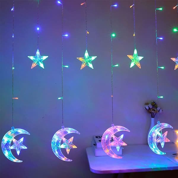 LED-gardiner med stjärnor och månar för Eid Ramadan, EU-kontakt
