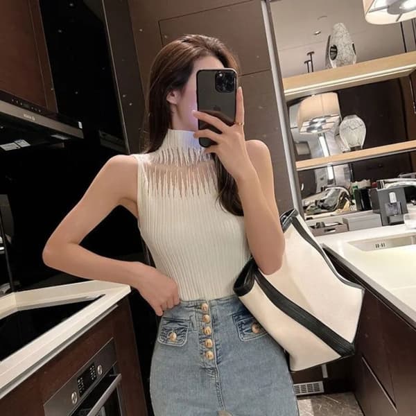 Mesh Strikket Top Halv Høj Hals Vest SORT Black