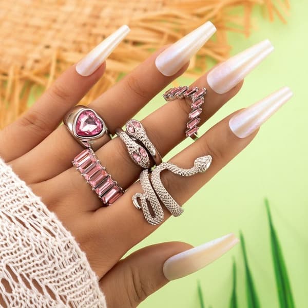 5 st Imitation Ädelsten Ring Set ROSA pink