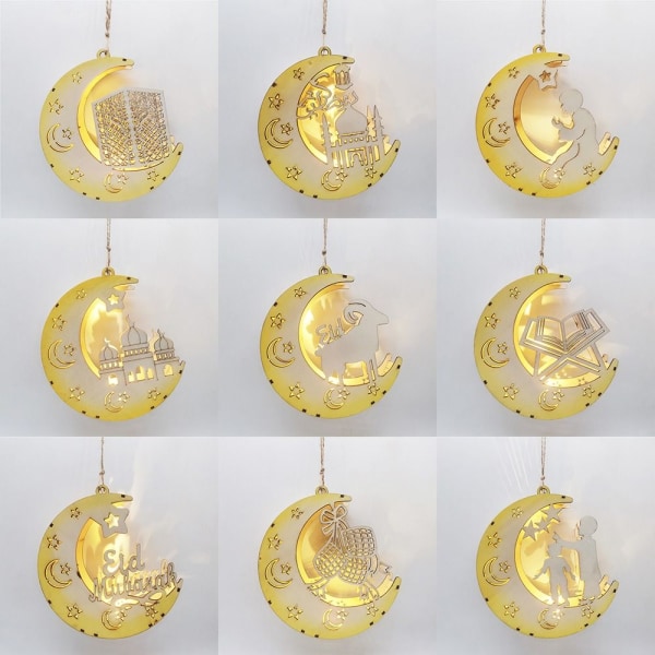 Eid Mubarak Moon Lamp Hanging Lantern Pendel Trä I I