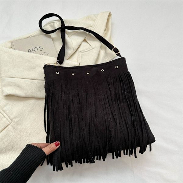 Frynset læder skuldertaske Etnisk stil Messenger Bag SORT Black