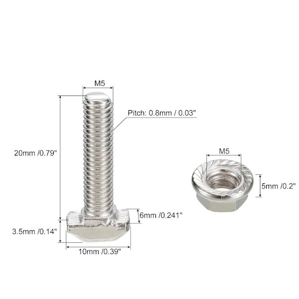 20 STK T Slot Drop-in Bolt M5 Sekskant Flangemøtrik Sæt M5x20mm20pcs/Set