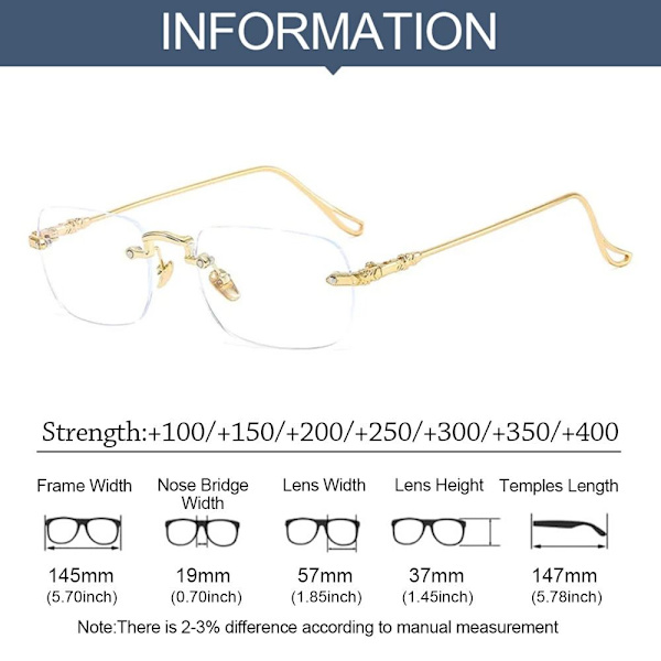 Anti-blått ljus Läsglasögon Fyrkantiga glasögon GULD STYRKA Gold Strength 300