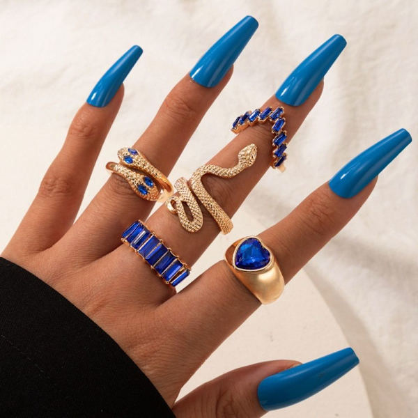 5 st imitation ädelsten Ring Ring Set BLÅ blue