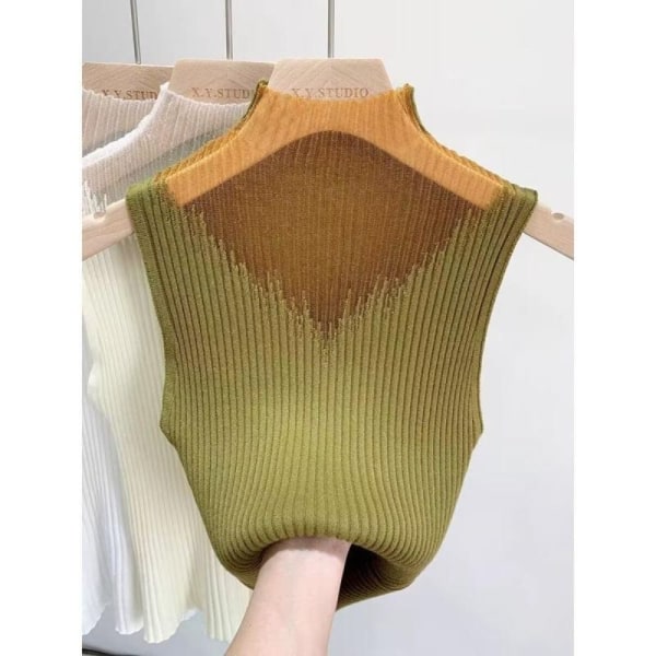 Mesh Strikket Top Halvhals Vest MANDEL Almond