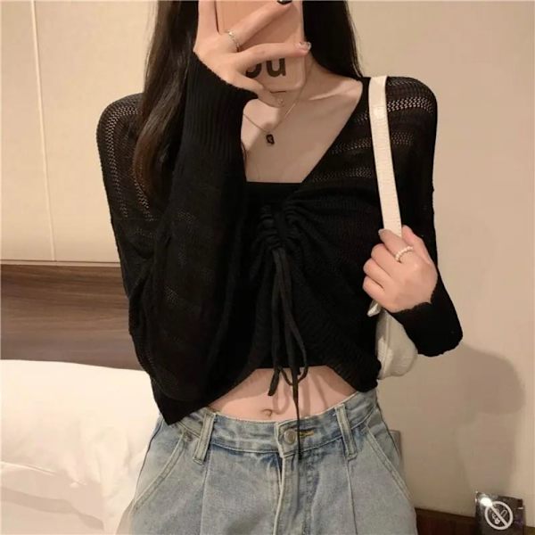 Aurinkovoide Crop Knit Cardigan Ohut neuletakki MUSTA Black