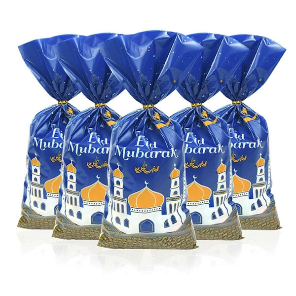 50 st Eid Mubarak Presentpåsar Plastpåse BLÅ