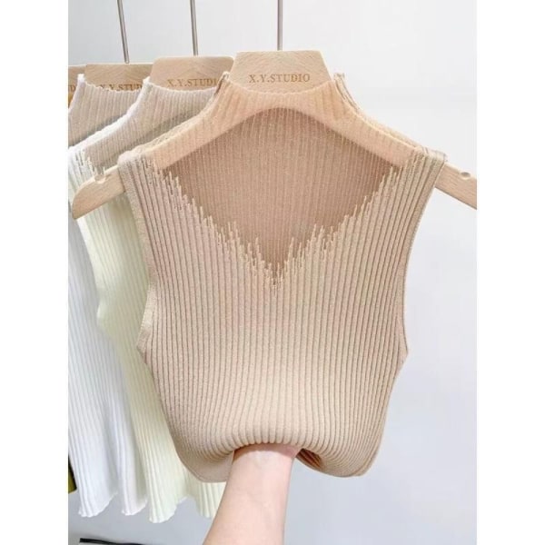 Mesh stickad topp halvhalsad väst KHAKI Khaki