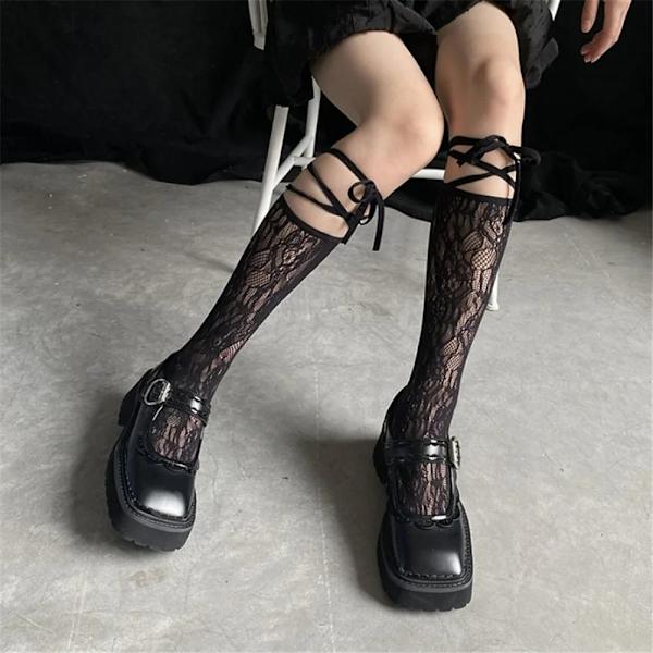 1 par Spets Split Toe Strumpor Strappy Nätstrumpor SVART Black