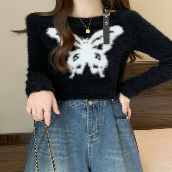Ensfarvet Strik Pullovers Sommerfugl Stropløs Sweater SORT Black