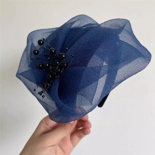 Hårbøjle med perler, net, garn, halv hat, NAVYBLÅ navy blue