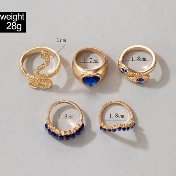 5 stk. Imiteret Ædelsten Ringsæt BLÅ blue