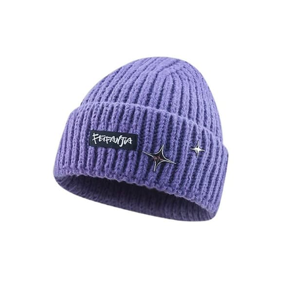 Bokstav Stickad Mössa Ullmössa LILA Purple