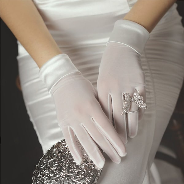 Kvinders korte satinhandsker Brude Brudepige Fingerhandsker HVID White