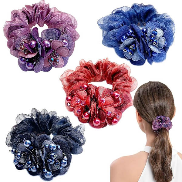 Flower Hair Scrunchies Elastiska hårband BLÅ Blue
