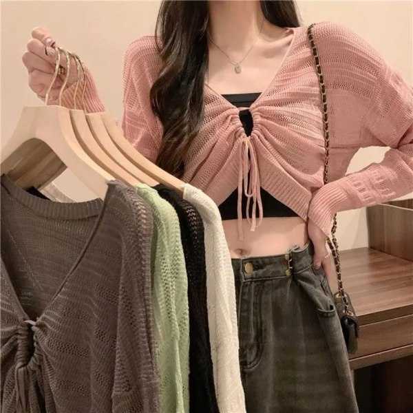 Solskydd Crop Knit Cardigan Tunn Cardigan Coat ROSA Pink