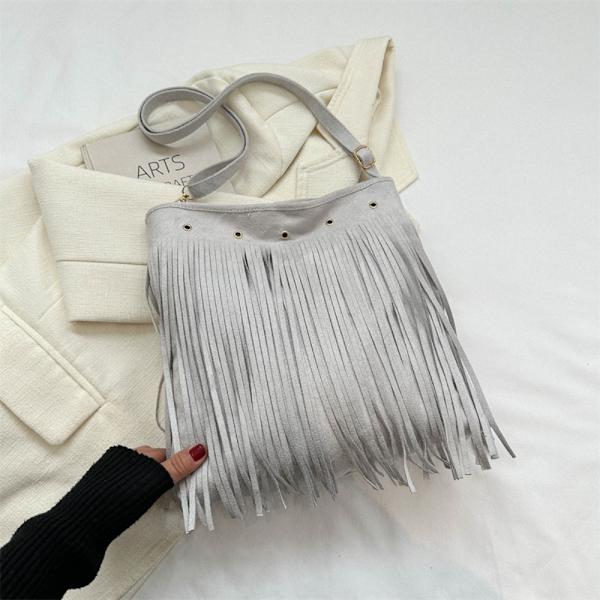 Axelväska med fransar i läder Etnisk stil Messenger Bag GRÅ Grey