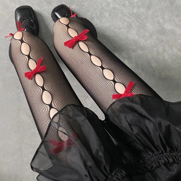 Bowknot Spetsstrumpor Mesh Nätstrumpor BLACK-A BLACK-A Black-A