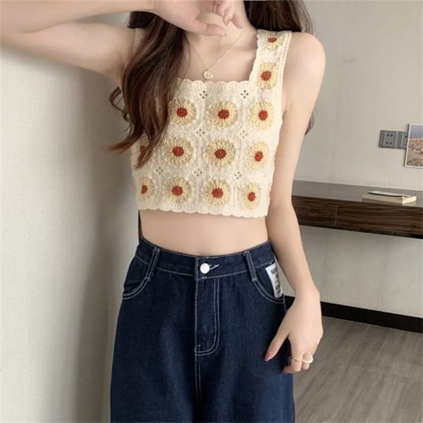 Hul ærmeløs Suspender Sweet Crochet Vest BEIGE 1 1 beige 1-1