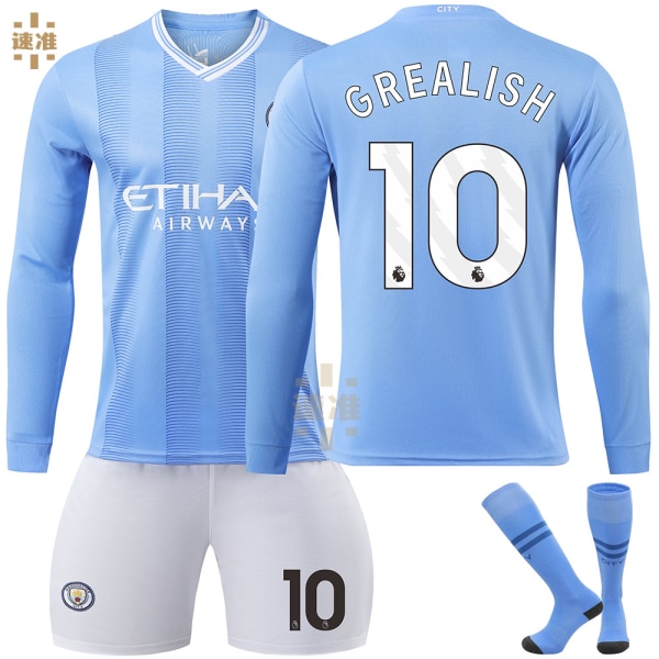 23-24 Manchester City Home Kids Football Langermet skjorte nr. 10 Grealish Adult S