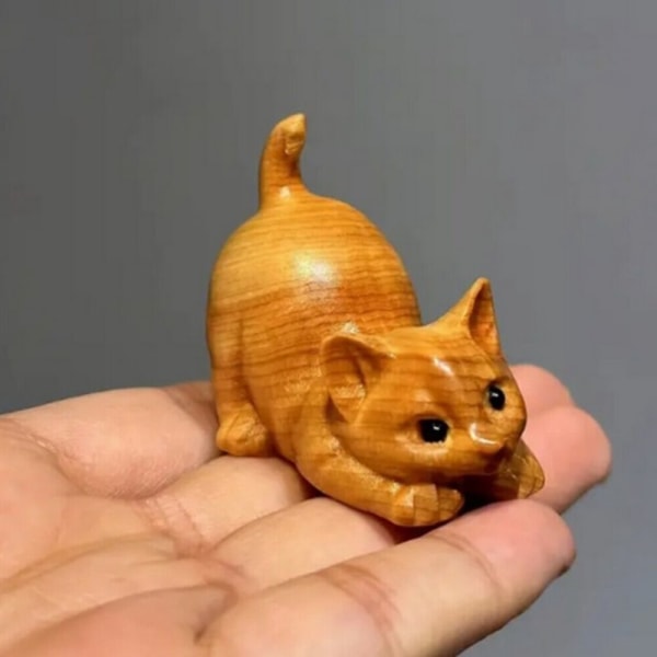 Little Cat Treskjæring Skulptur Ornamenter Dekor Naturlig