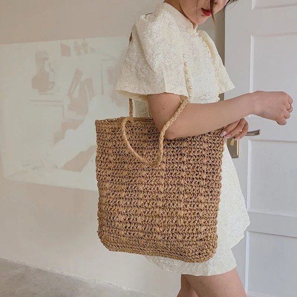 Classic Summer Woven Bag Dame Beach Shoulder Bag KHAKI khaki