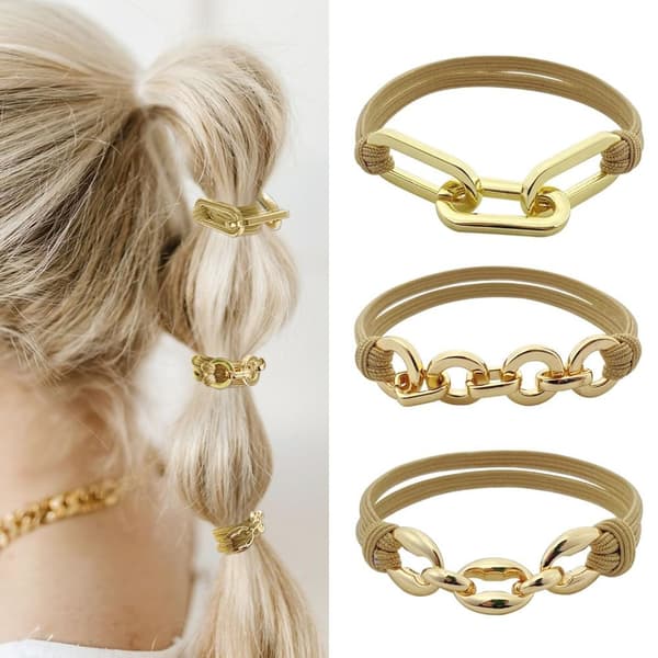 3PCS Armband Hårsnoddar Elastiska Hästsvanshållare GULD Gold