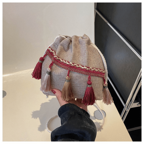 Vävd väska med dragsko, mode tofs väska BLÅ Blue